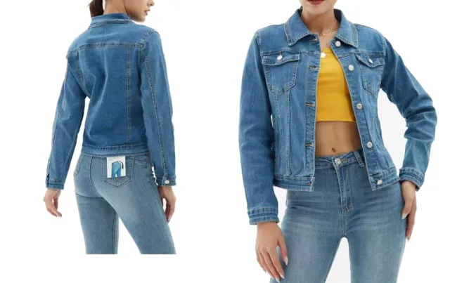 Giacca giubbotto giacchetto semplice in jeans donna giubbino blu denim tasche