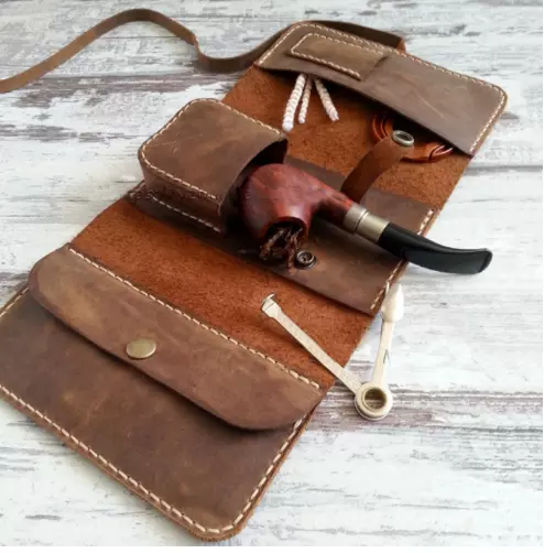 Smoking pipe bag Cigar rod lighter pouch pocket tobacco cow Leather brown Q217