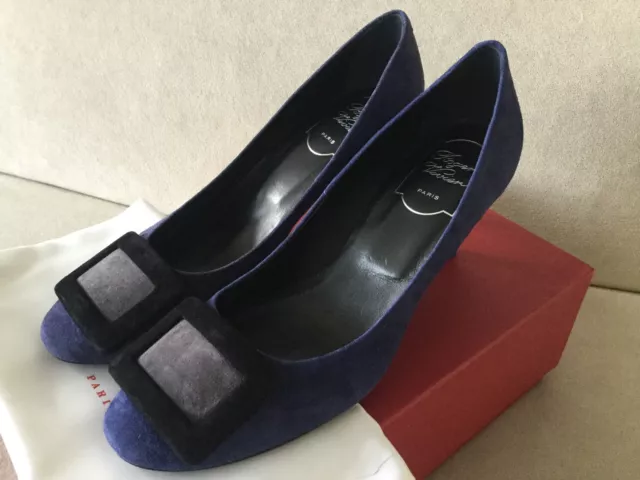 Nib Roger Vivier Belle De Nuit Tricolor Suede Pump Black Navy Grey Size 36.5 6.5