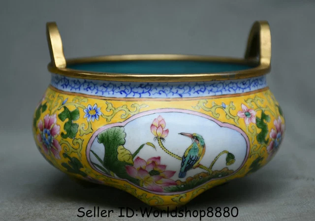5" Qianlong Marked Chinese Cloisonne Enamel Dynasty Flower Birds Incense Burner