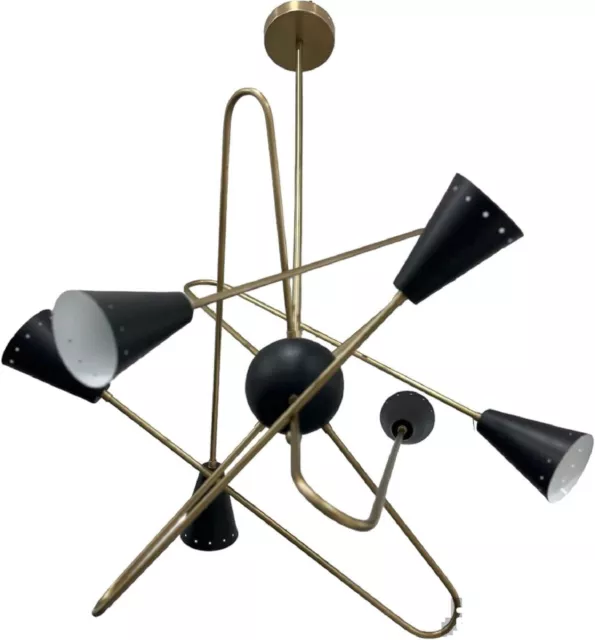 6 Arms Mid Century Chandeliers Lights Raw Brass and Matte Black Shade Sputnik