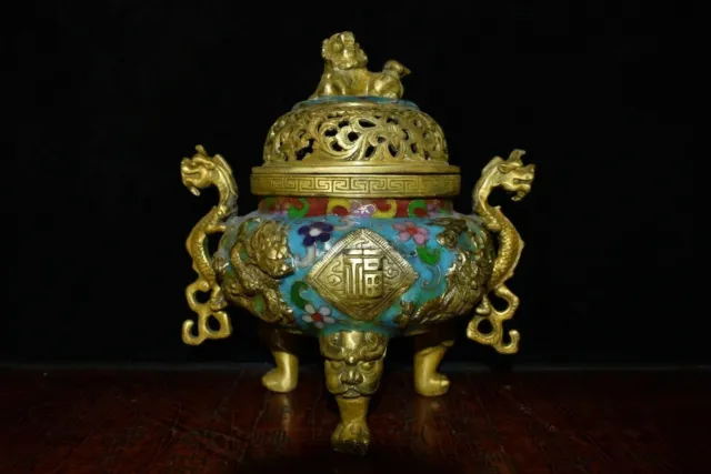8" China old antique xuande mark bronze Cloisonne dragon Incense Burner