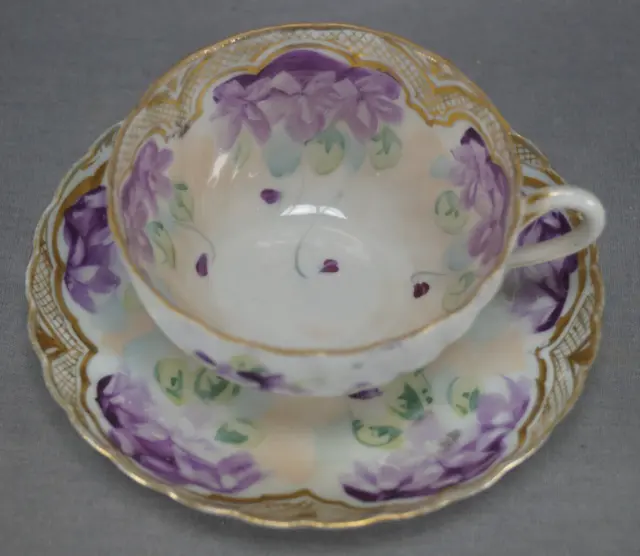 Antique Nippon Hand Painted Purple Violet Flowers & Gold Fluted Tea Cup & Saucer