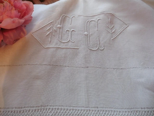 1950 Vintage France - Drap Ancien en Métis blanc français Brodé à la