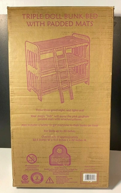 Badger Toys Doll Triple Bunk Beds Ladder & Bedding Pink & White Fits up to 20"