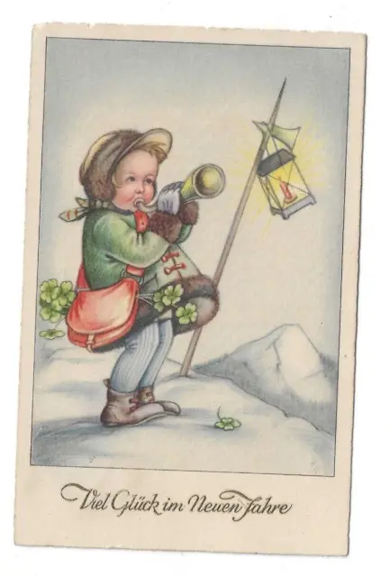 AK von ca. 1938, Neujahr, Kind mit Laterne, Instrument, Winterlandschaft, Klee