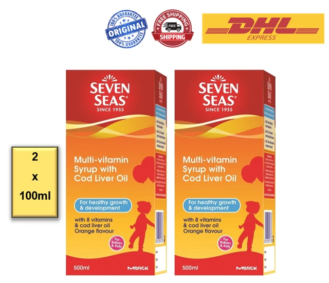 2x Seven Seas Multivitamin Syrup Cod Liver Oil 100ml Orange Flavour For Kids