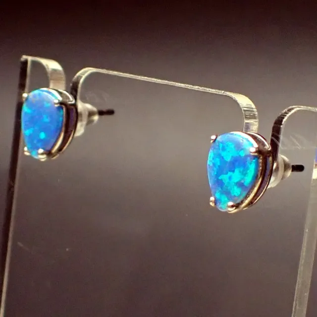 Vintage 925 Sterling Silver Teardrop Pear Cut Blue Opal Stud Earrings, 1.13g