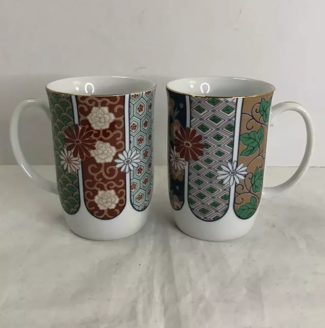 Lot (2) GUMPS Imari Coffee Tea Mug Cup Asian Multi Color Floral San Fran 10 Oz