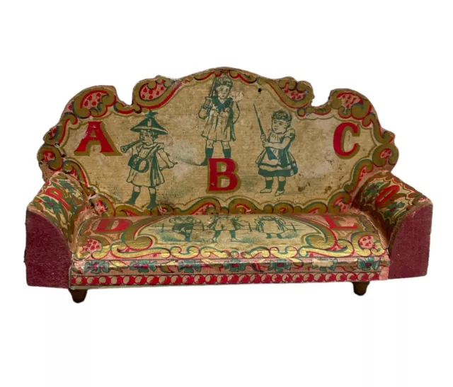 1 -Old Antique Vtg Miniature Doll House Furniture Wooden SOFA Multi Color Print