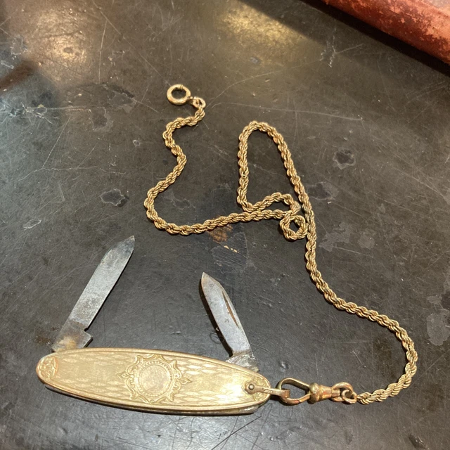 ANTIQUE SIMMONS HEAVY Gold Filled Railroad Watch Chain and Pocket Knife