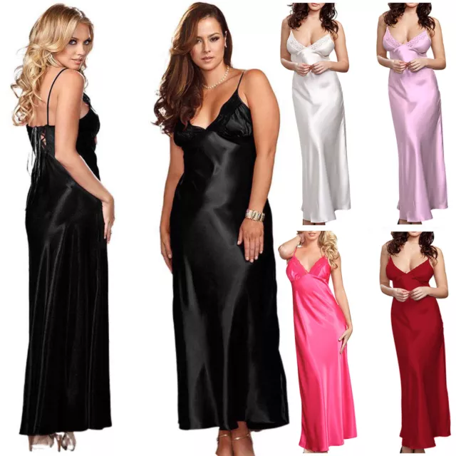 Sexy Women Satin Silk Lace Robe Slip Dress Lingerie Long Sleepwear Nightdress ❁