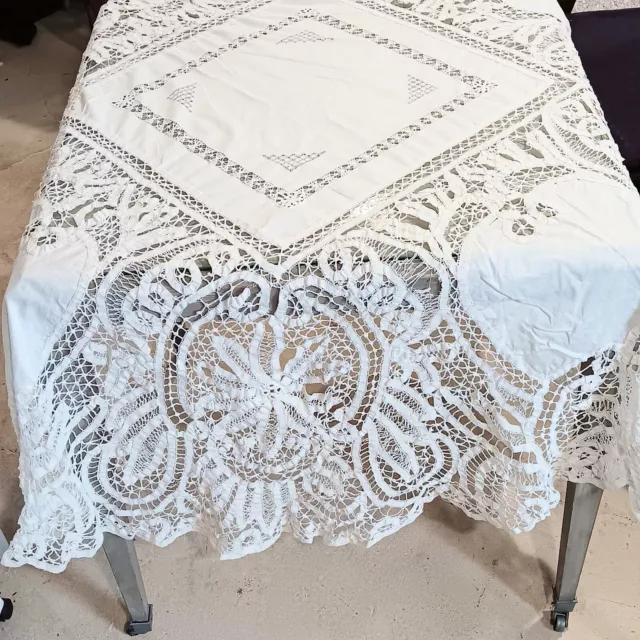 Antique 66” Round Battenburg Lace Table Cloth Cotton Fabric Cottage Style