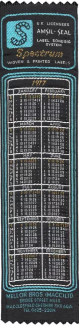 1977 Calendar Woven BOOKMARK Spectrum Mellor Bros Printed Label Cheshire Vintage