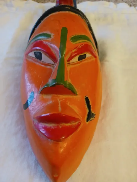 Vintage African Ethnic Mask Hand Craved Orange Painted Wood with Kiwi Bird 2