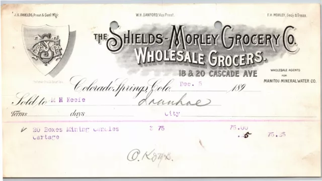 c1895 Shields-Morley Grocery CO. Springs Letterhead M.H. Keefe "Mining Candles"