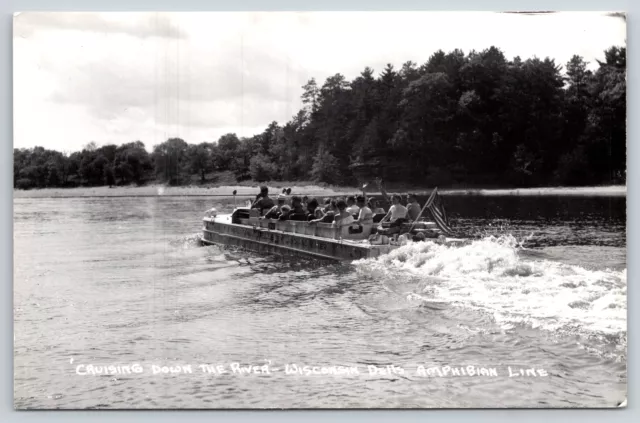 RPPC~Wisconsin~Cruising Down The River On Amphibian Line~Real Photo Postcard