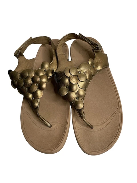 FitFlop Women's Fleur Bronze Leather Flower Thong Flip-Flop Sandal Size 9 2