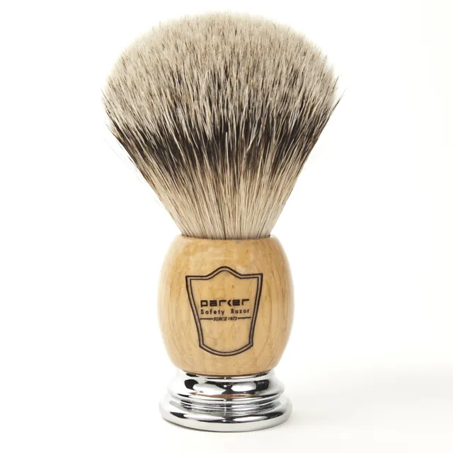 Deluxe Parker Wood & Chrome 100% SILVERTIP BADGER Shave Brush Free Drip Stand