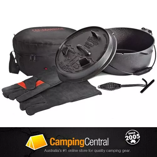 Pioneer Campfire Set 4.5 Quart Cast Iron Camp Oven Mits Gloves, Bag, Lid Lifter