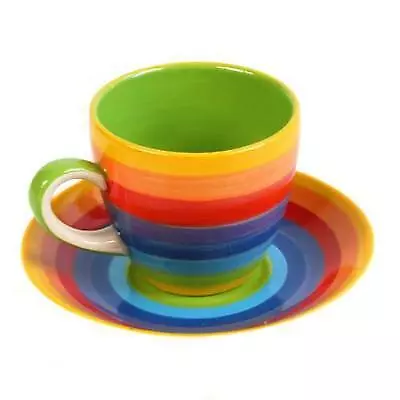 Espresso Small Coffee Cup & Saucer Rainbow Stripes Ceramic Hand Painted New