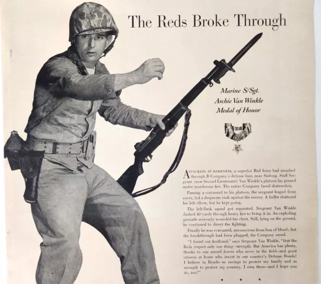 Medal Of Honor Archie Van Winkle Marine Vintage 1953 Magazine Print