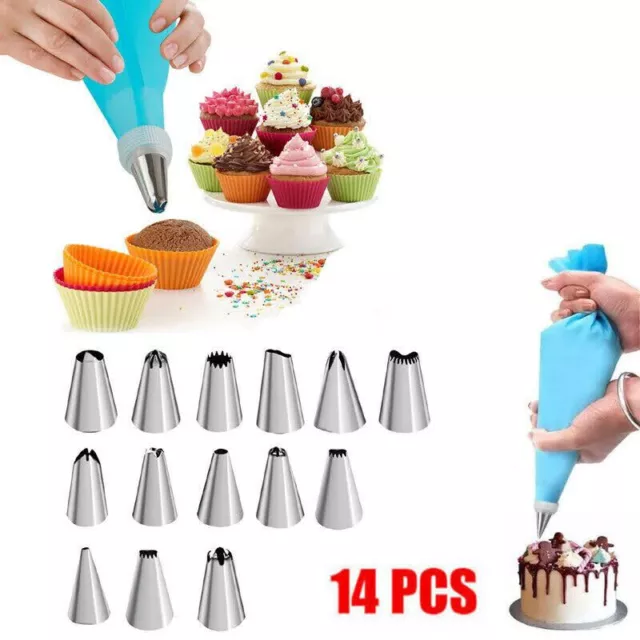 CAKE PIPING ICING CUPCAKE DECORATING COTTON BAG NOZZLE SET SUGARCRAFT CUP 14Pcs