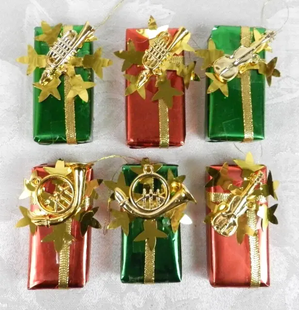 6 Vtg Christmas Ornaments Gift Boxes w-Trumpet Violin French Horn Red Green Gold