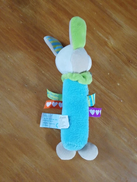 Doudou Hochet Babynat D'amour Chien Bleu Vert Orange Étiquette Pouet les Zétik T 2