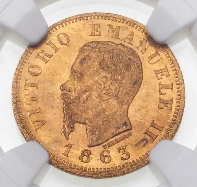 1863T BN Italy Gold 10 Lire Coin Graded by NGC as MS-62 Gorgeous 3