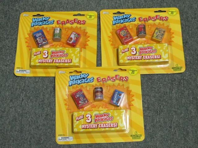 Lot Of 3  Topps Wacky Packages Erasers Blister Pack   6 Erasers Per Pack