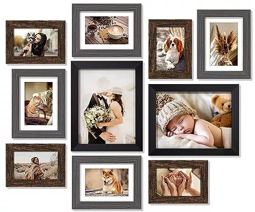 Picture Frames Set for Wall Gallery - 10 Pack Assorted Color Rustic Wooden Co...