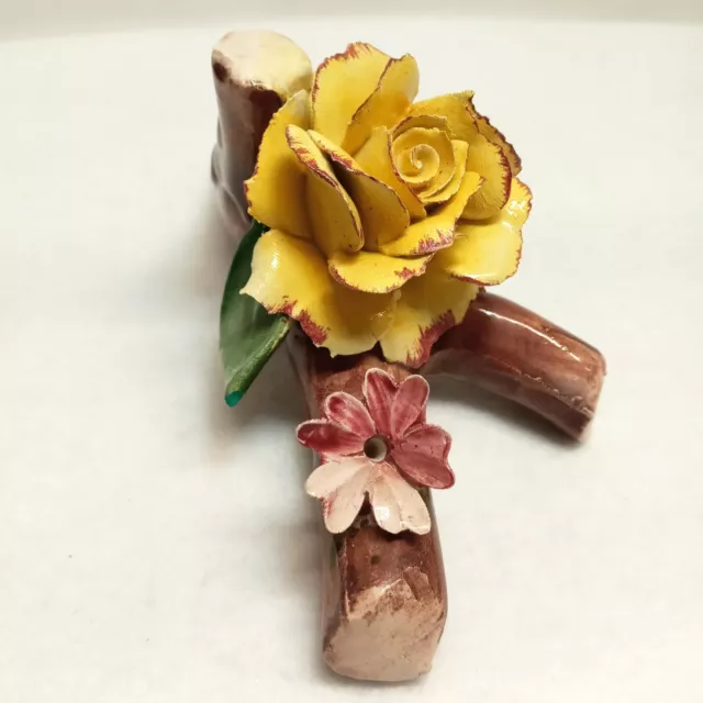 Vintage Capodimonte Porcelain Rose & Flower on Branch Display Yellow Pink READ