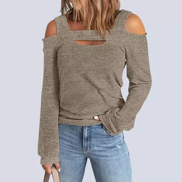(S)Women Cold Shoulder Top Cut Out Design Long Sleeve Casual Shirt Square Neck