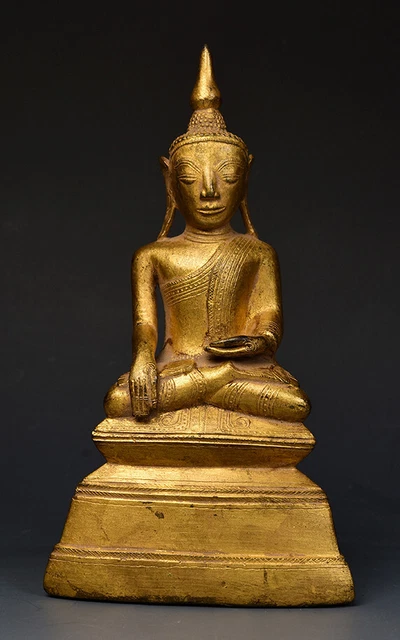 18th Century, Shan, Antique Burmese Bronze Seated Buddha with Gilded Gold