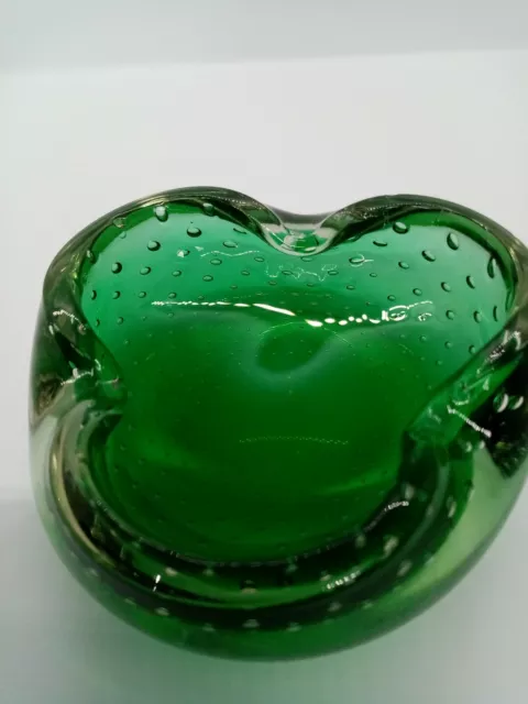 Vintage Whitefriars Green Controlled Bubble Glass Ashtray.