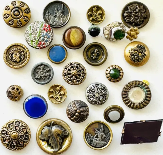 Lot of 27 Antique Victorian Nice Variety of Metal Buttons-Picture-Cobalt Glass