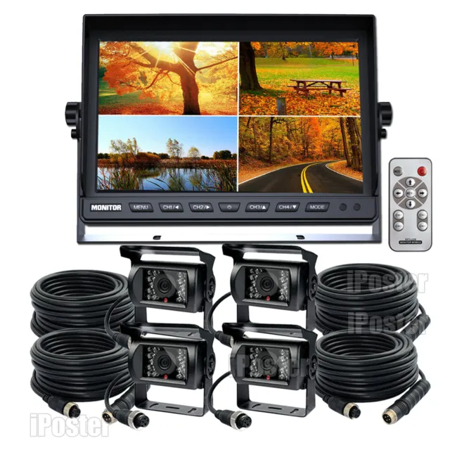 10.1" Quad Split Monitor Screen 4X Rear View Backup Camera System For Bus Truck