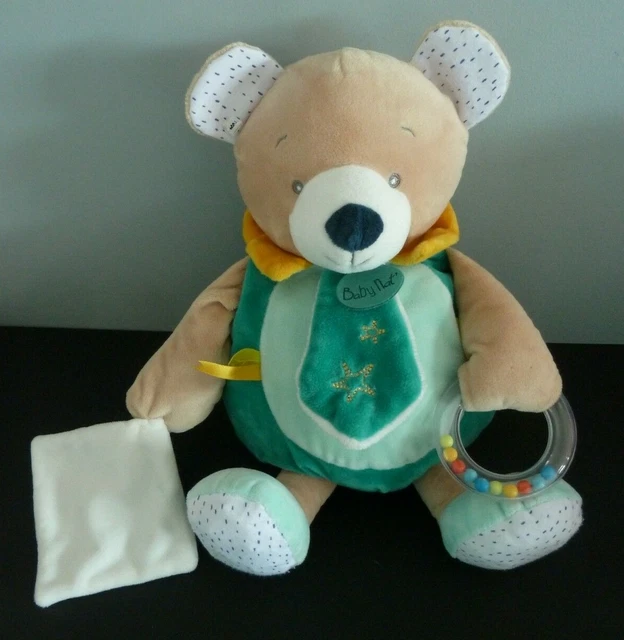 88/1. DOUDOU PELUCHE BABY NAT OURS MOUCHOIR BLEU VERT JAUNE GRELOT 38c NEUF*