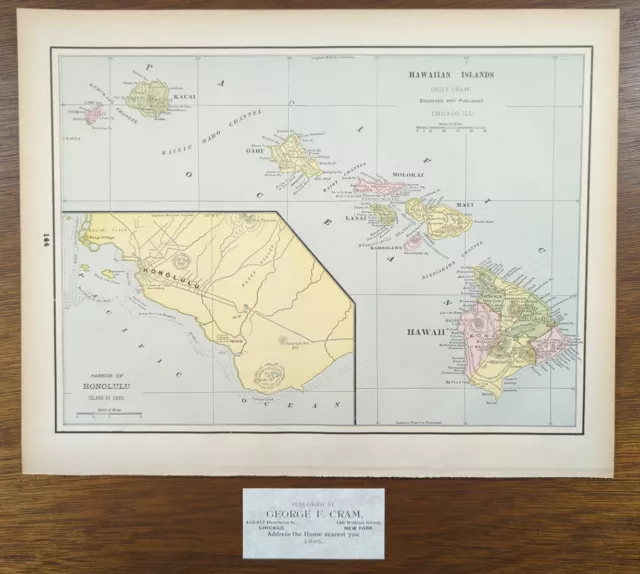 Vintage 1895 HAWAIIAN ISLANDS Map 14"x11" Old Antique Original HONOLULU OAHU HI