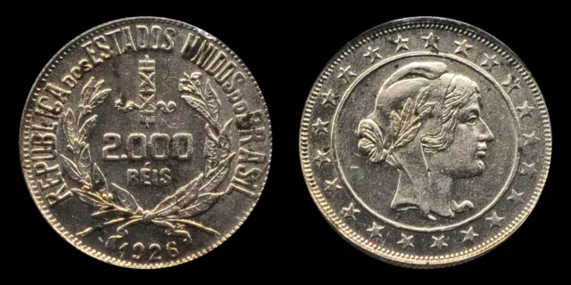 1926 Brazil 2000 Reis, a female figure representing the Republic, .500 Silver