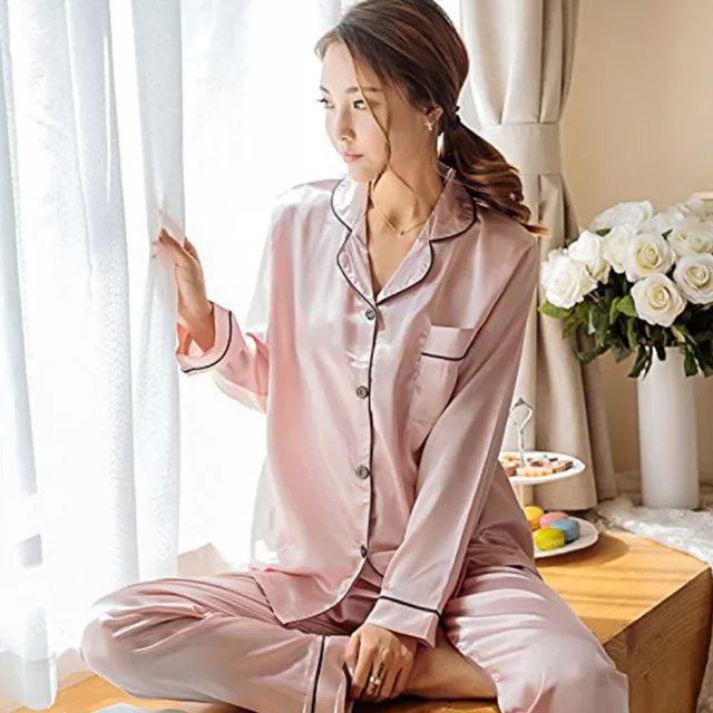 Ladies Satin Pyjamas Women's PJs Silk Long Sleeve Soft Nightwear Sleepwear  Set