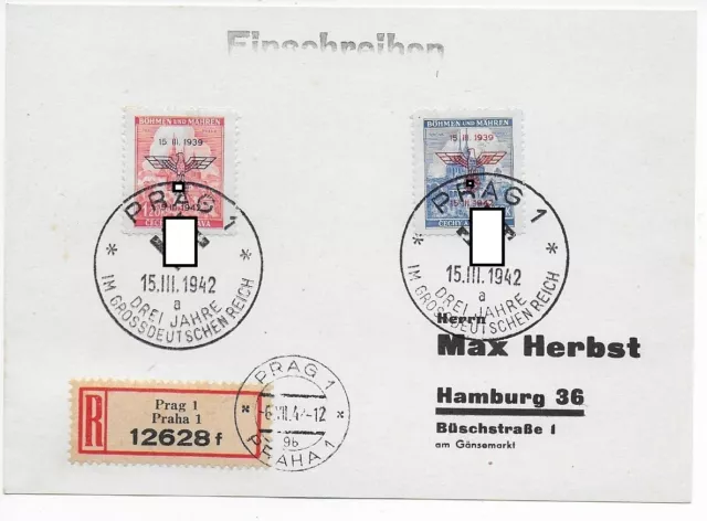 Böhmen und Mähren 1942 - FDC Mi.-Nr. 83-84 -Einschreiben Prag nach Hamburg (2)