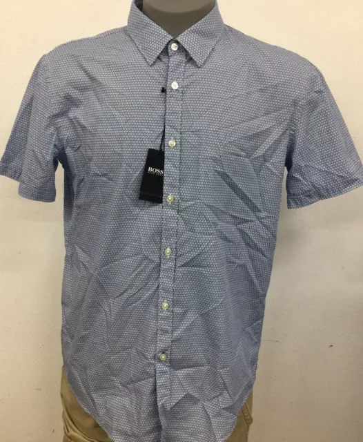 Hugo Boss Men's Blue Geometric S/S Button-Up Collared Shirt NWT $118 Size XL