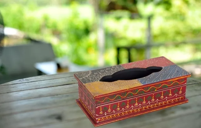 Caja de pañuelos de madera de estilo étnico pintado a mano indio -...