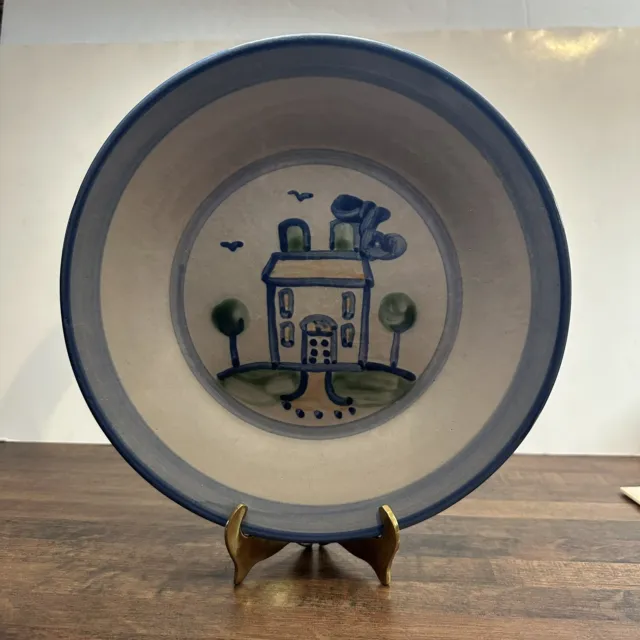 M A Hadley Pottery Stoneware 9” "Country House" Luncheon Plate Blue Used Flaw