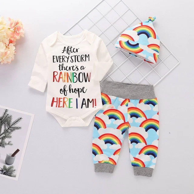 Newborn Baby Girl Boy Rainbow Romper 3PCS Jumpsuit Pants Hat Set Outfits Clothes