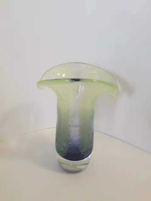 Vintage Teleflora Heavy blown Art Glass blue to green Flared Flower Vase 8 in