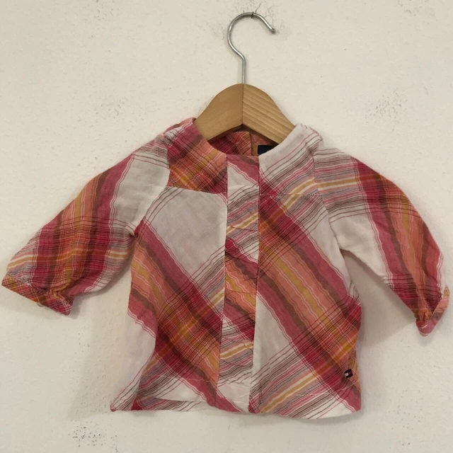 TOMMY HILFIGER Camicia bambina bianca quadri arancioni e rosa Tg 3/6 mesi