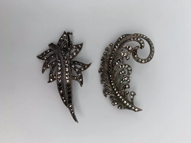 Lot 2 Broches Argent Massif Anciennes Feuilles Marcassites 15 Grammes 50 W821